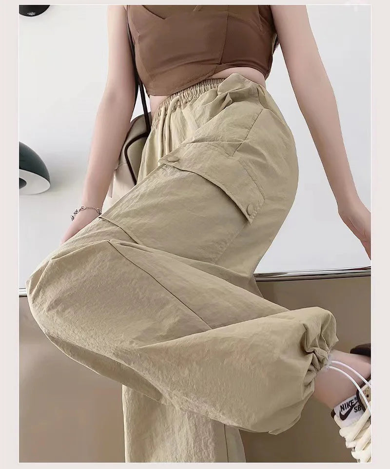 Women Solid Color Fashion Temperament Straight  Cargo Pants Casual Big pocket Wide leg Long Pants Sports outside trousers