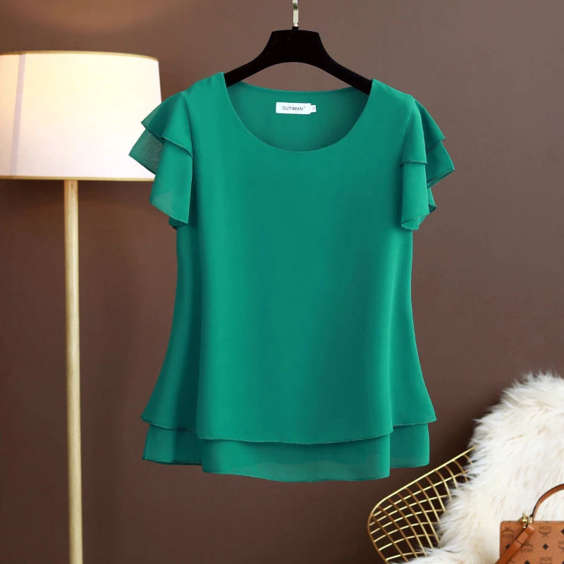 M-6XL Fashion Brand Summer Oversized Loose and Thin Casual Blouse Top Short Sleeve Chiffon Top White Blouse Green Women’s Tops