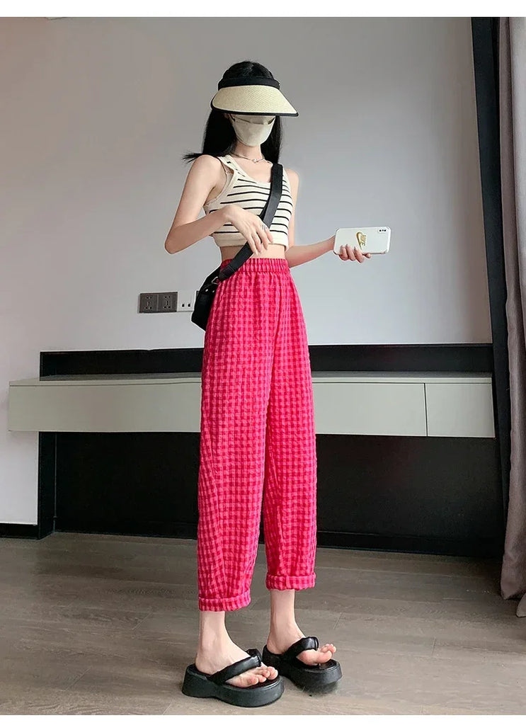 New Women's Checkered Cotton Hemp High Waist Casual Haren Pants Summer Korean Fashion Loose Women Seven Split Wide Leg Pants