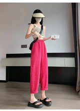 Load image into Gallery viewer, New Women&#39;s Checkered Cotton Hemp High Waist Casual Haren Pants Summer Korean Fashion Loose Women Seven Split Wide Leg Pants