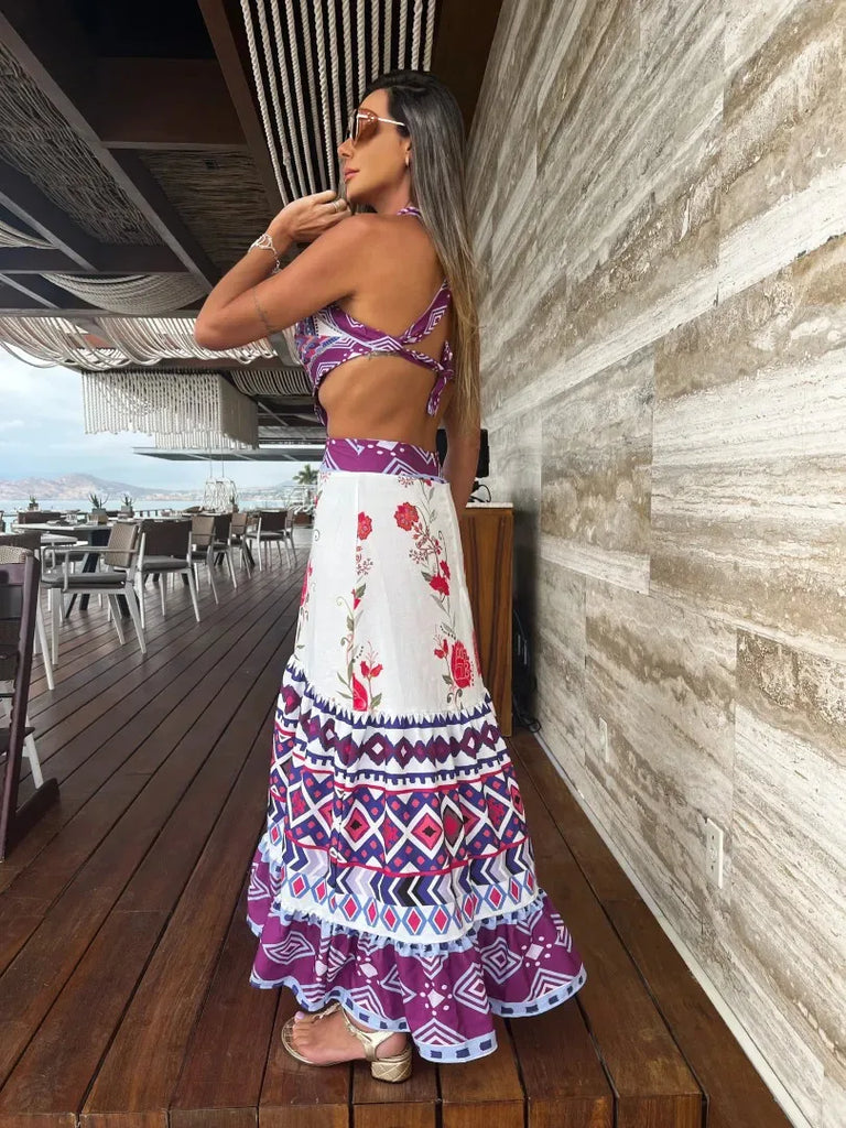 New Bohemian Sexy Printed Women Dresses Halter Sleeveless Backless Naked Waist Long Dress Fashion Summer Beach Holiday Robe