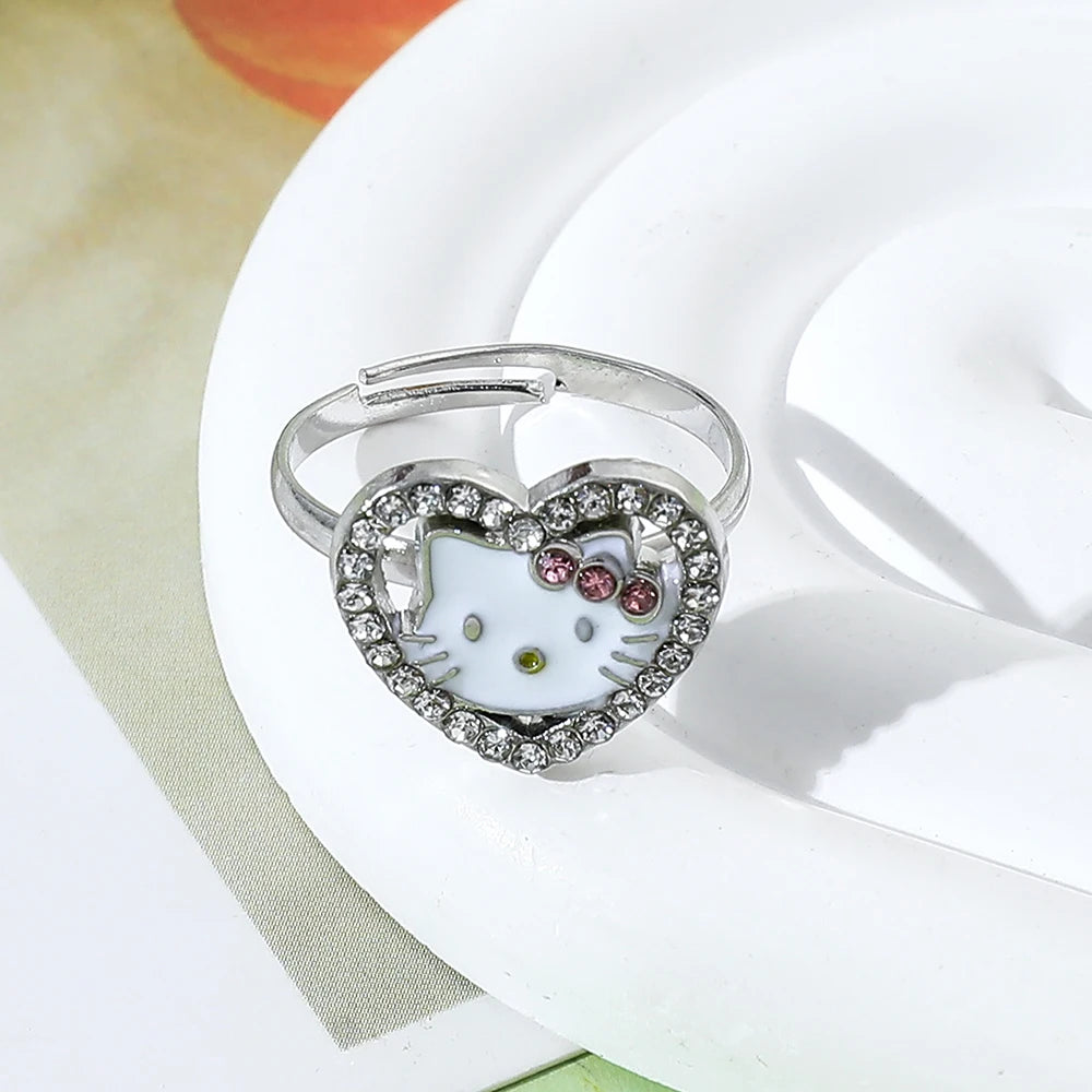 Anime Sanrio Hello Kitty Rings Heart  Shape Rhinestone Open Adjustable Cute KT Cat Ring Accessories Fashion Jewelry Gifts