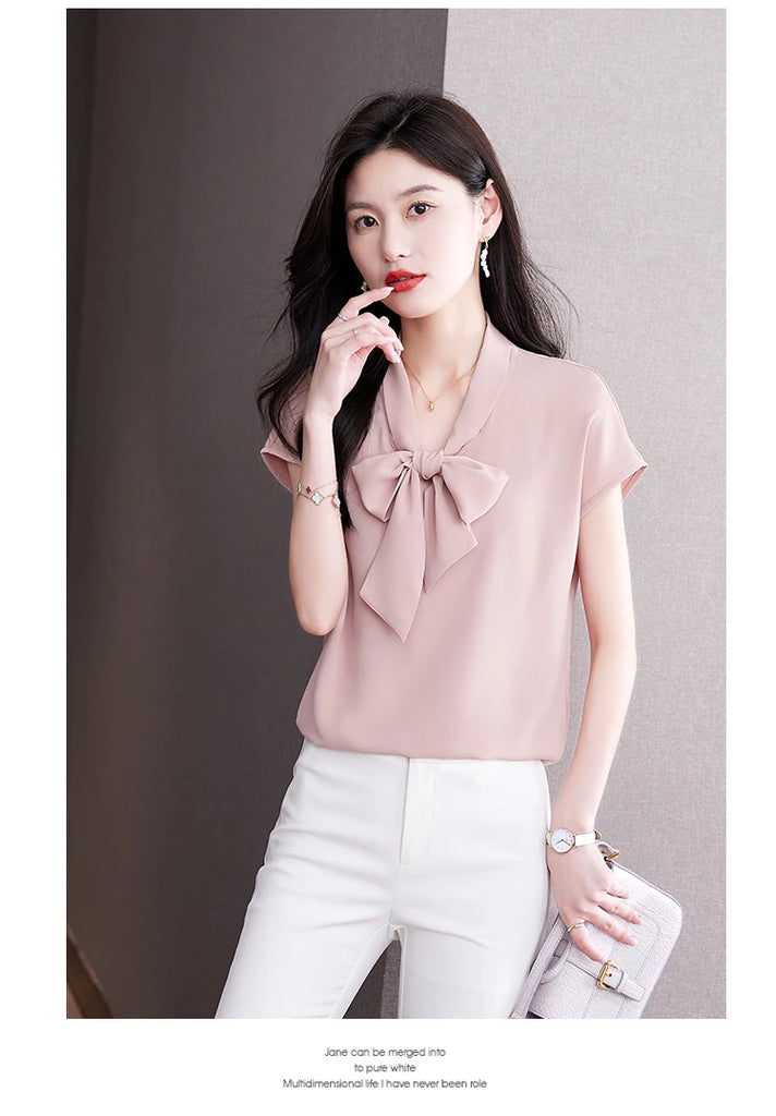 Bow Tie Blouse Shirt for Women OL Elegant Blouses Satin Womens Tops Silk Female Clothing 2023 Korean Fashion Short Sleeve Blouse