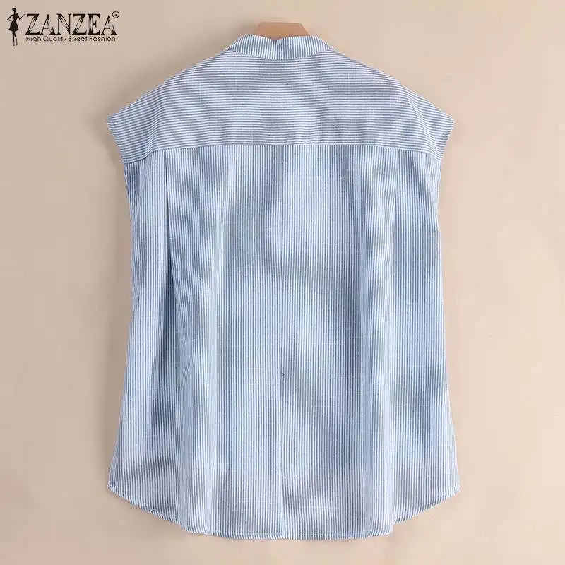 ZANZEA Women O Neck Short Sleeve Blouse Striped Printed Shirt Button Bohemian Casual Summer Tops Loose Work Blusas Femme Chemise