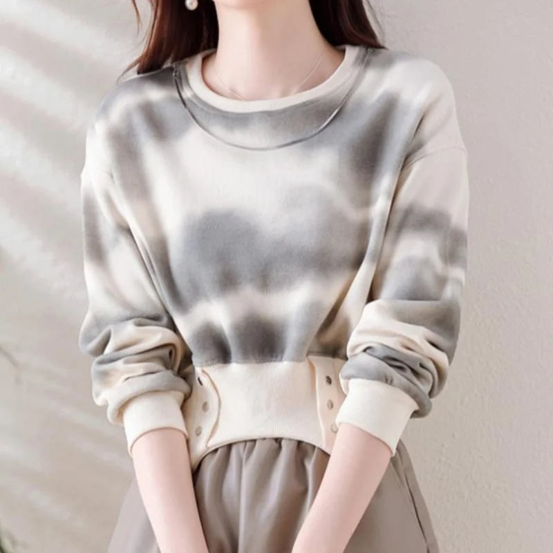 New Style Autumn and Winter Women's Tie Dye O-Neck Long Sleeve Short Button Slim Plush Pullovers Fashion Casual Korean Tops