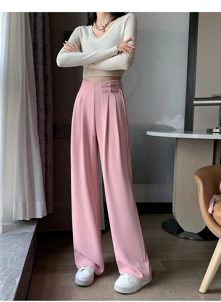 High Waist Buttons Suit Wide Leg Women's Full Pants 2024 New Spring Summer Female Elegant Minimalism Straight Loose Trousers