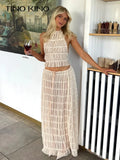 Fashion Solid Hang Neck Long Skirt Suit Women Backless Sling Top Lace Up Fold Maxi Skirts 2024 Spring Summer Female 2 Piece Set