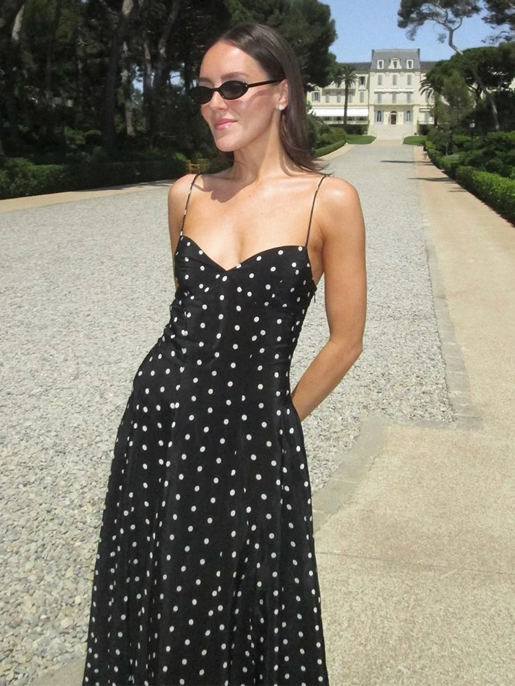 Sexy Black Spotted Backless A-line Sling Long Dresses Elegant Sleeveless High Waist Slim Dress Summer Lady Vacation Party Robes