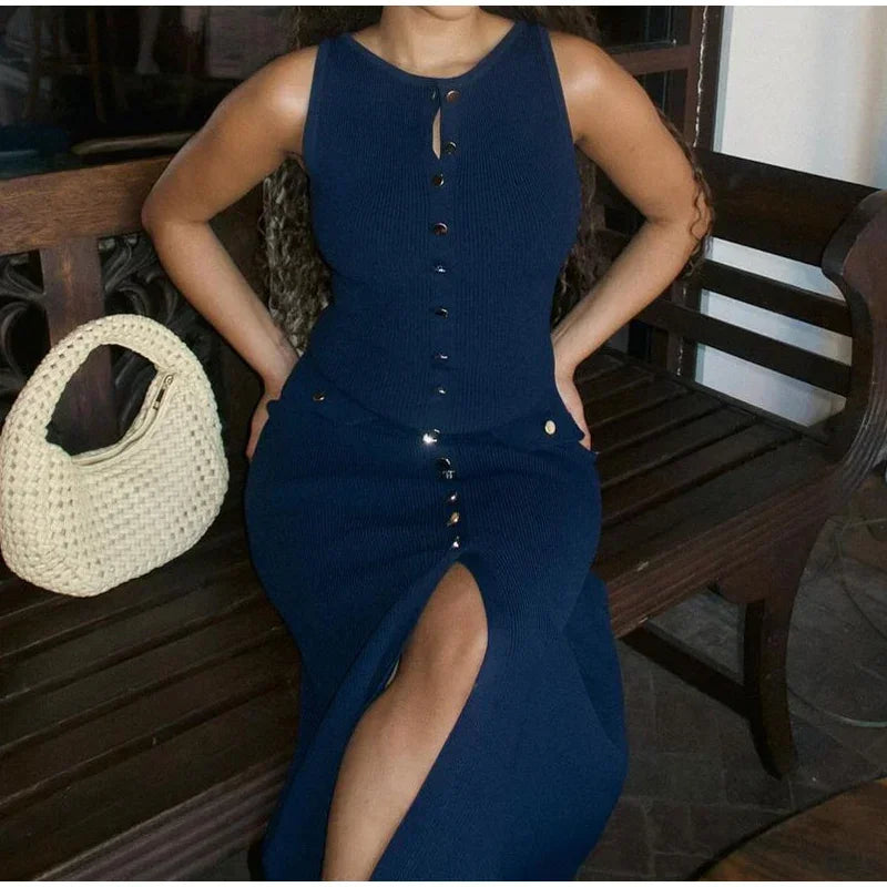 Elegant New Fake Pockets Knitted Long Dress Fashion Single Button Sleeveless O Neck Slim Dresses Summer Lady Commute Party Wear