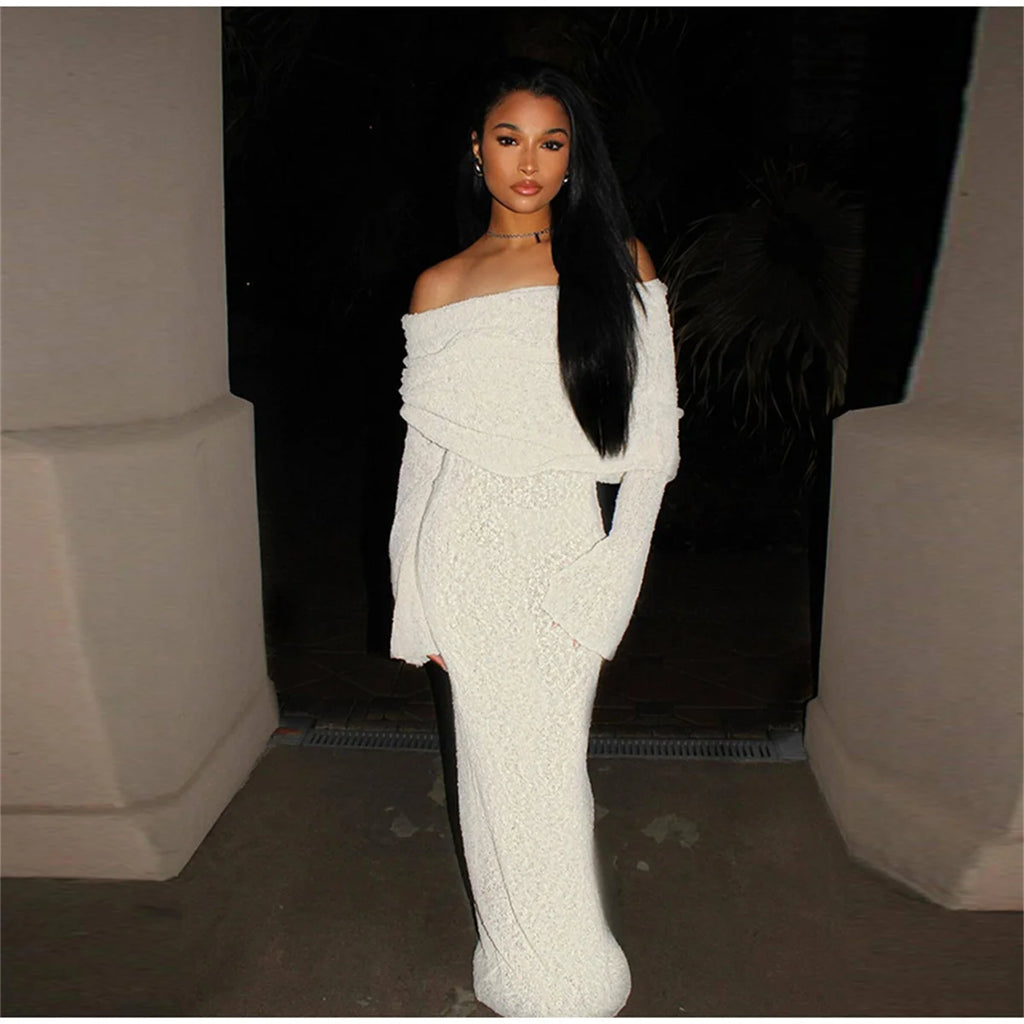 Sexy Knit Long Dress Elegant Women White Off Shoulder Bodycon Hollow Out Crochet Sundress Wedding Guest Dresses Beach Outfits