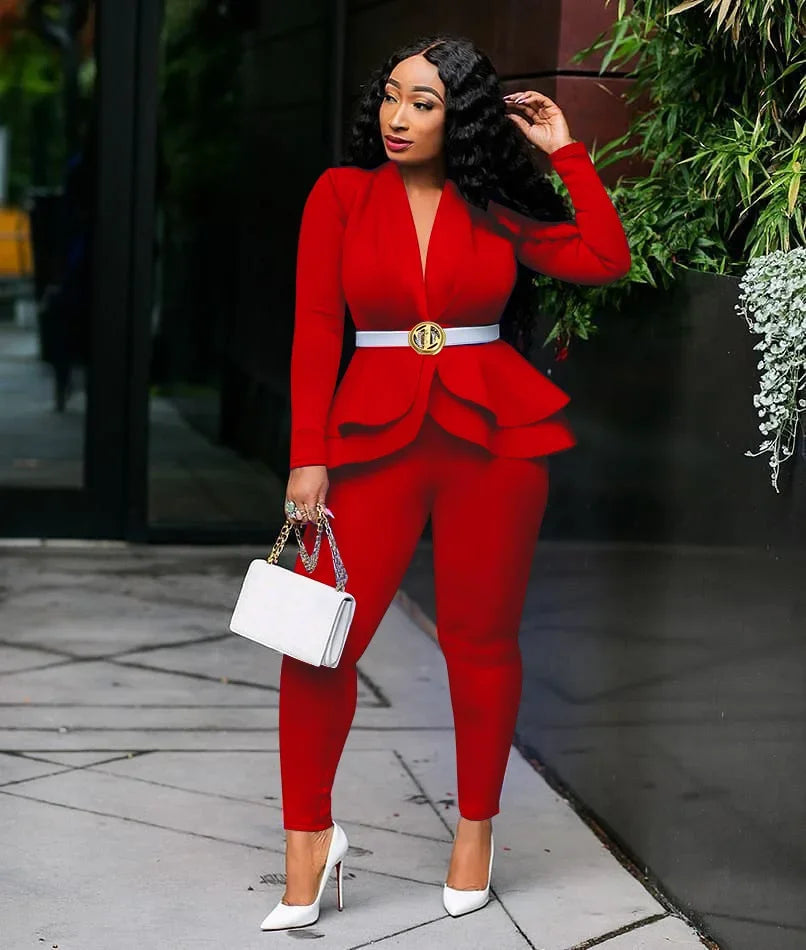 Women Fashion Women's Set Tracksuit Full Sleeve Ruffles Blazers Pants Suit Two Piece Set Office Lady Business Wear Uniform