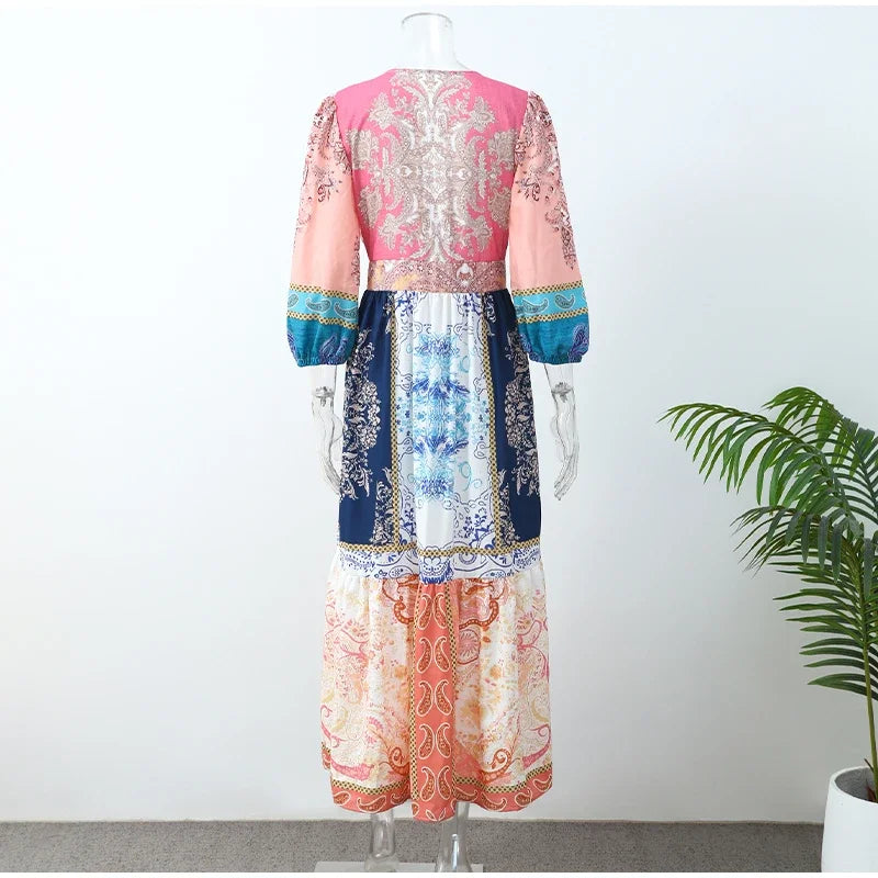 Vintage Printed Patchwork Maxi Dresses Women Causal Loose V Neck Long Lantern Sleeve Long Dress Chic Female Vacation Beach Robes