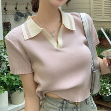 Load image into Gallery viewer, Women Turndown Collar Short-Sleeved Tee Knitted T Shirt Casual Fashion Women&#39;s Crop Top Contrast Color Female Tops