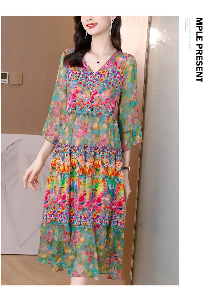 Summer Dress 2023 Woman Silk Floral Dress Elegant Long Beach Vintage Dresses for Women