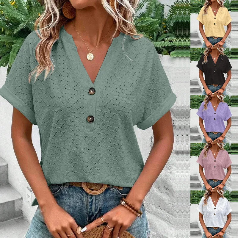 2023 New Fashion Women Blouses Casual Jacquard Button V-Neck Solid Loose Shirts Summer Short Sleeve Oversized Tops Female