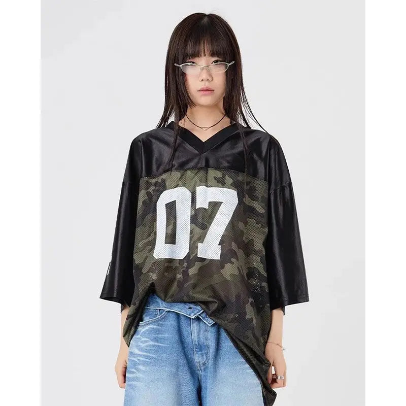 Vintage Camouflage Short Sleeve Jersey Women Loose Hip Hop V-Neck T-Shirts 2024 Summer High Street American Half Sleeve Tide Top