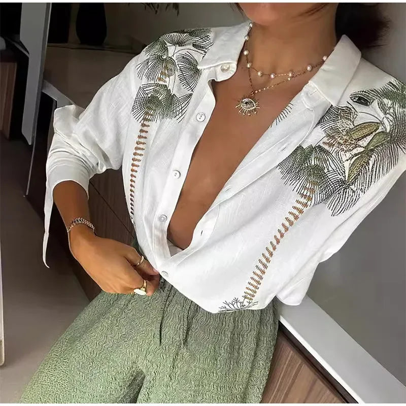 Casual Green Print Shirts Set Women Loose Single Breasted Blouses Pleated Drawstring Wide Leg Pants 2024 Summer Lady Outfit