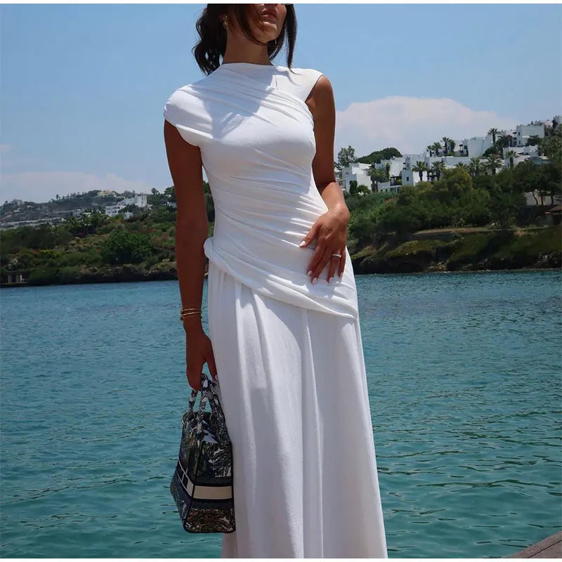 Elegant White Pleated Irregular Women Dress Fashion O Neck Sleeveless Bodycon Dresses 2024 Chic Summer Female High Street Robes