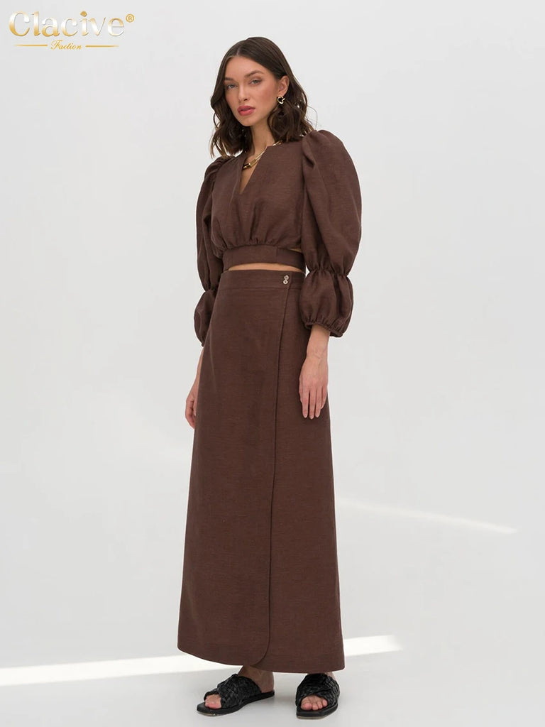 Clacive Fashion Loose Brown Linen 2 Piece Set Women Outfit Summer Long Sleeve Crop Shirt With High Waist Long Skirts Set Female