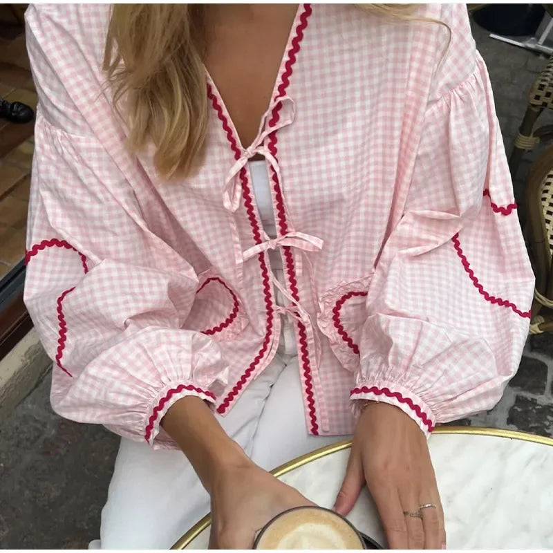 Solid Lace Up Hollow Out Women's Shirt Casual Lantern Long Sleeve V-neck Female Blouses 2024 Spring New Fashion Tops Streetwear