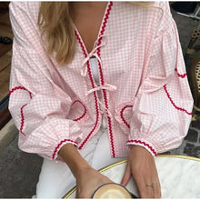 Load image into Gallery viewer, Solid Lace Up Hollow Out Women&#39;s Shirt Casual Lantern Long Sleeve V-neck Female Blouses 2024 Spring New Fashion Tops Streetwear