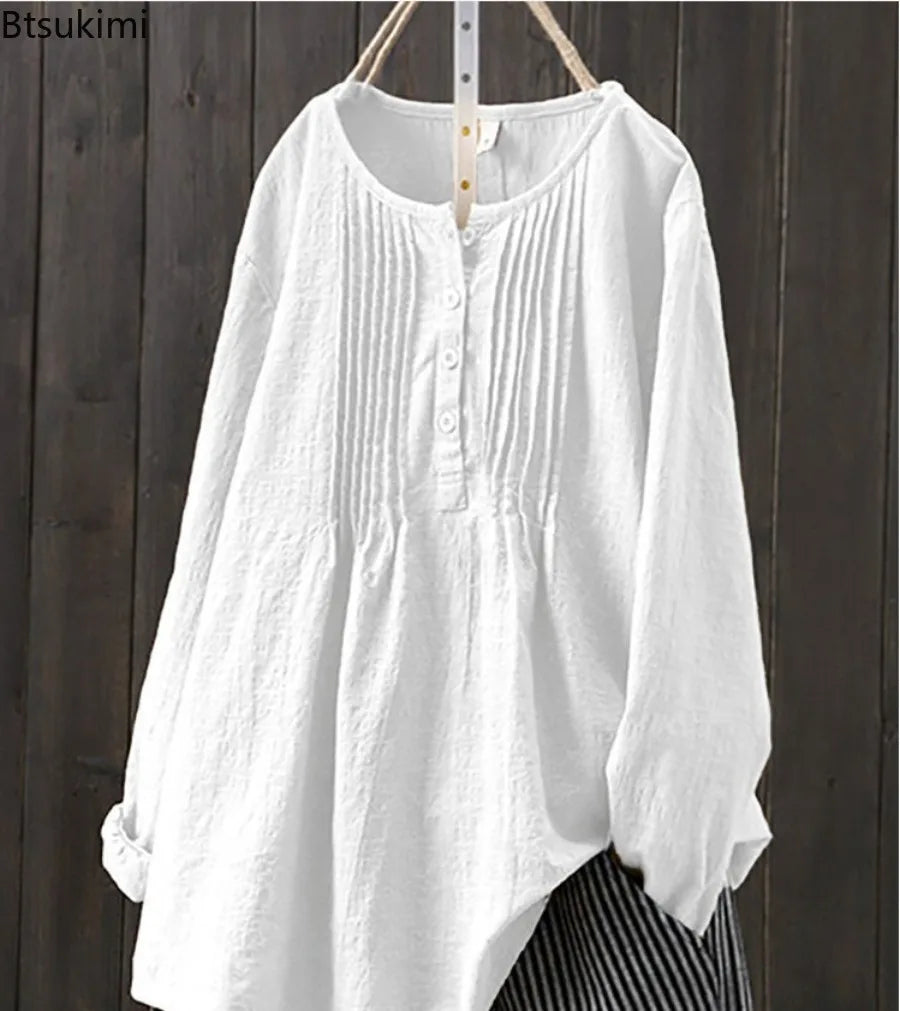 2024 Korean Style Temperament Blouse for Women Fashion O-neck Pleated Long-sleeved Casual Shirts Females Loose Cotton Linen Tops