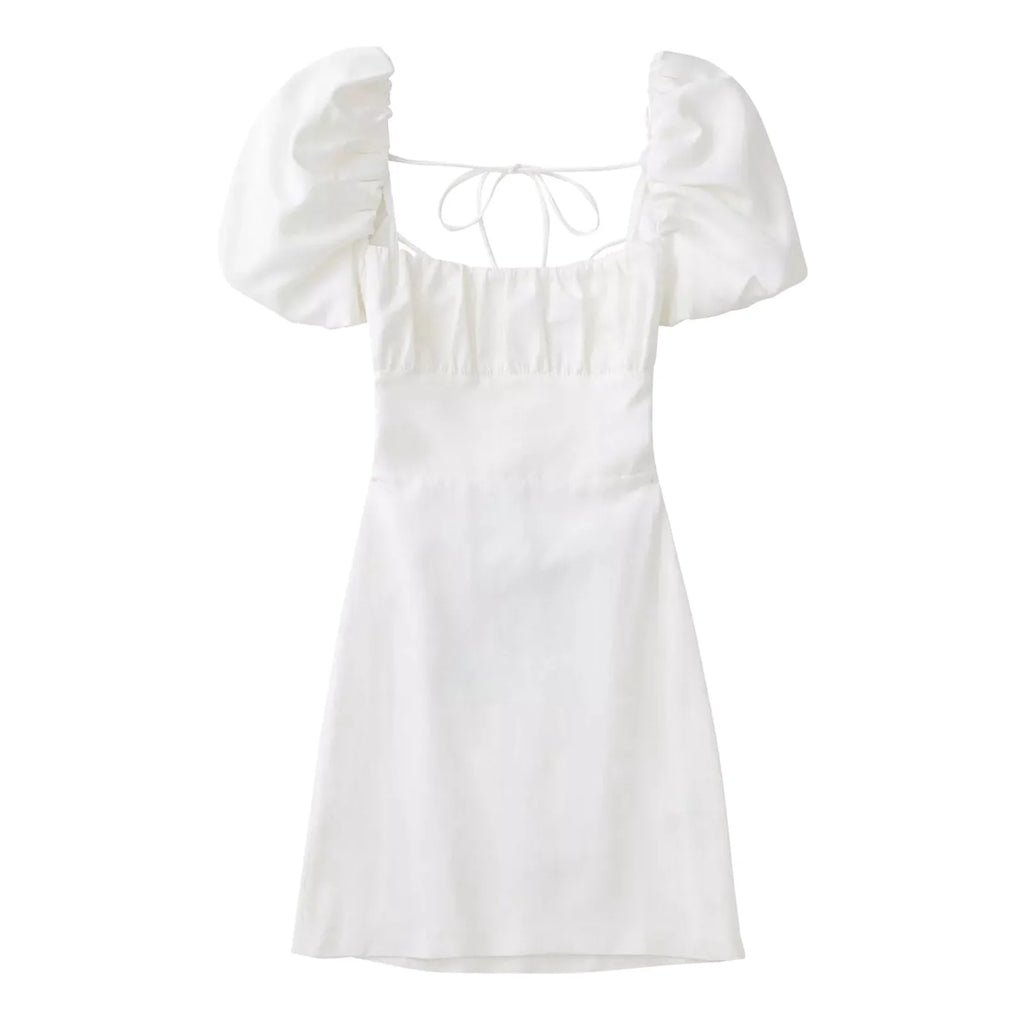 2024 Summer Women White Dress Backless Puff Short Sleeve Ladies Sundress Mini Dress