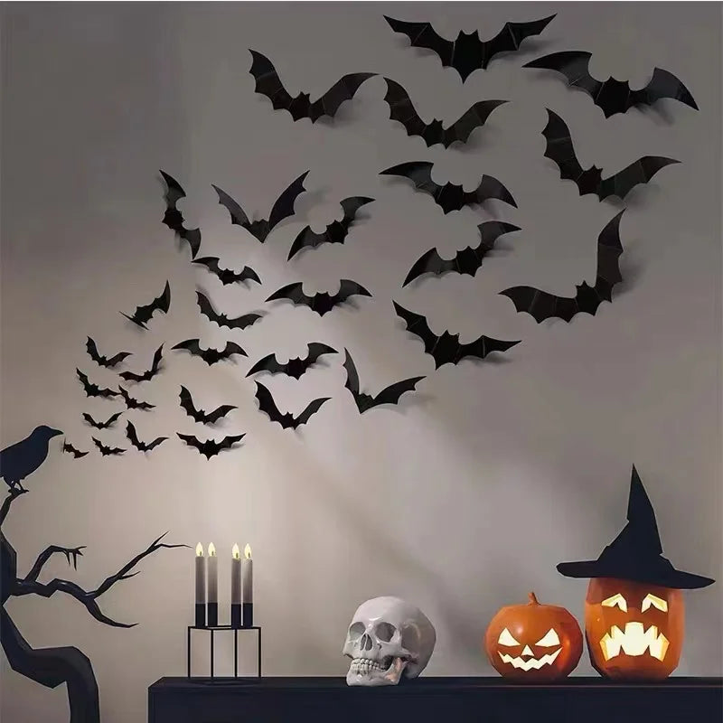 12pcs Halloween Bat Wall Sticker 3d Sticker Bar Haunted House Decoration Prank Toy Props