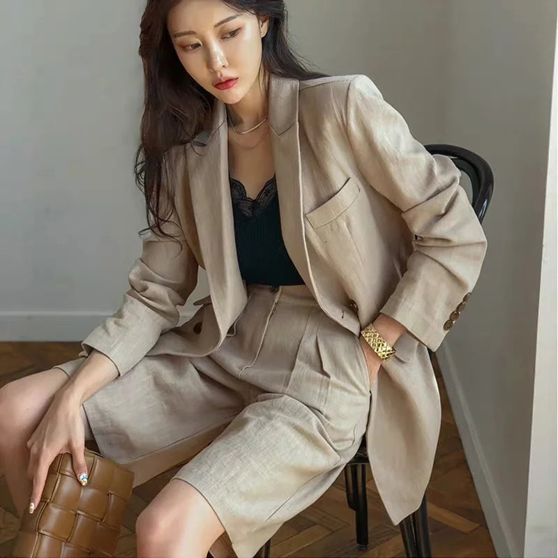 Flax Suit Women's Spring Summer 2023 New Casual Thin Cotton  Linen Small Blazers+shorts Two-piece Sets Comfortable Khaki Suits