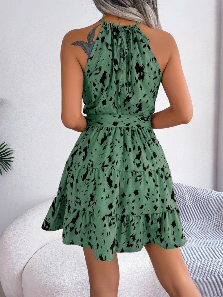 Leopard Print Ruffled Hanging Neck Fashion Dress Women Spring Summer Sexy Halter Mini Dress