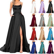 Load image into Gallery viewer, Sexy Backless Long Evening Prom Dress Purple Side Slipt Maxi Dress Women A Line Spaghetti Straps Satin Prom Gowns Formal Vestido