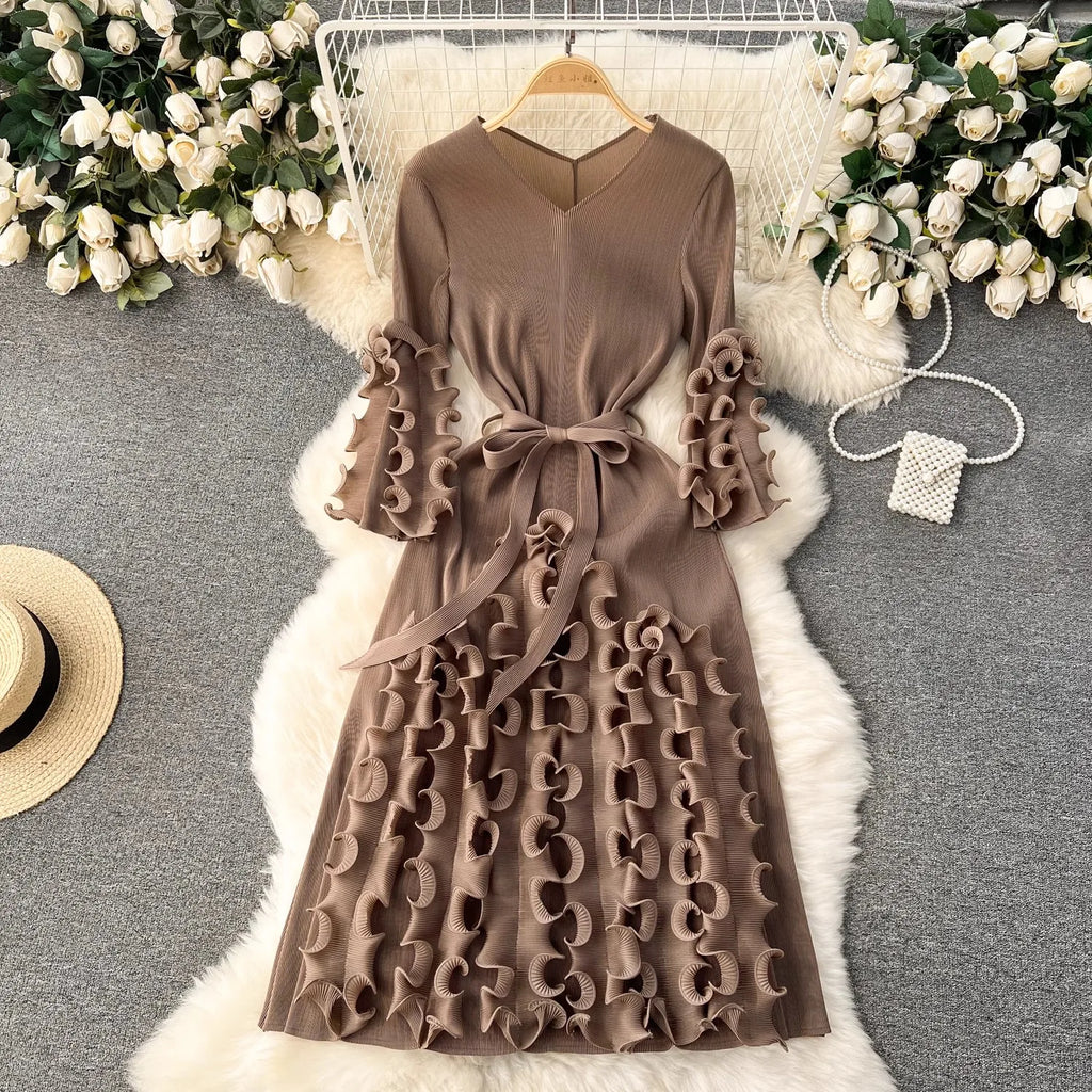 Summer Holiday 3D Ruffled Edge Draped Pleated Dress Women's V Neck Solid Color Oversized High Sretch Lace Up Party Vestidos