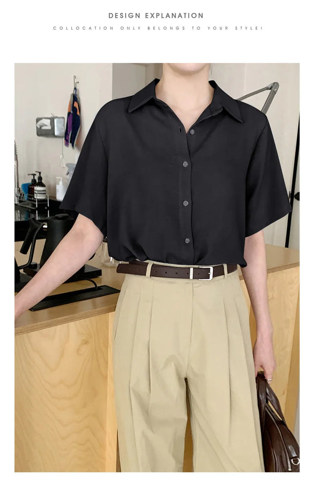 New Women'S Summer Lapel Short Sleeved Slimming Casual Versatile Shirt Female Comfortable Thin Fashionable Professional Top