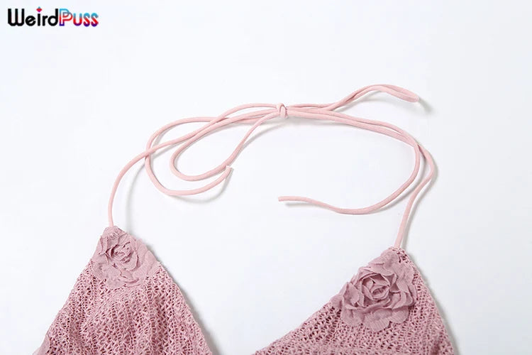 Weird Puss Knit Women 3 Piece Set Summer Trend Flowers Elegant Sexy Beach Style Halter Bra+Briefs+Wrapped Skirts Matching Suits