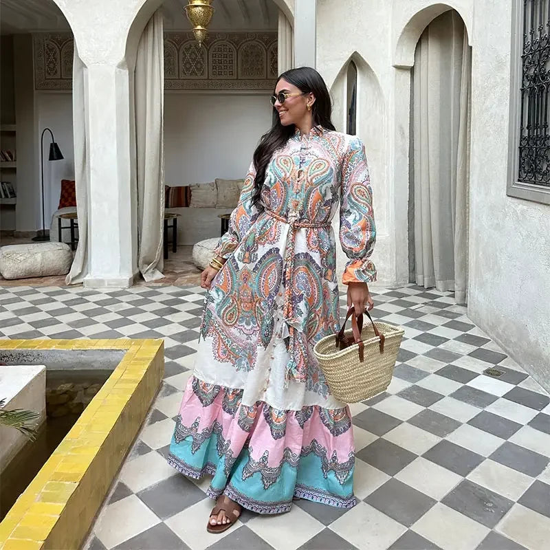 Vintage Printed Patchwork Maxi Dresses Women Causal Loose V Neck Long Lantern Sleeve Long Dress Chic Female Vacation Beach Robes