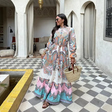 Load image into Gallery viewer, Vintage Printed Patchwork Maxi Dresses Women Causal Loose V Neck Long Lantern Sleeve Long Dress Chic Female Vacation Beach Robes