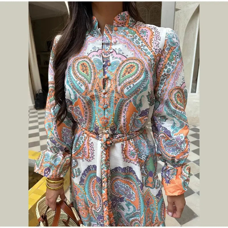 Vintage Printed Patchwork Maxi Dresses Women Causal Loose V Neck Long Lantern Sleeve Long Dress Chic Female Vacation Beach Robes