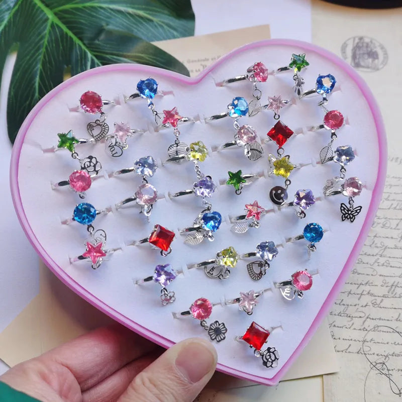 12/36PCS/set Adjustable Kids Crystal Rings Jewelry Heart Star Square Open Finger Ring For Children Girl Party Gift