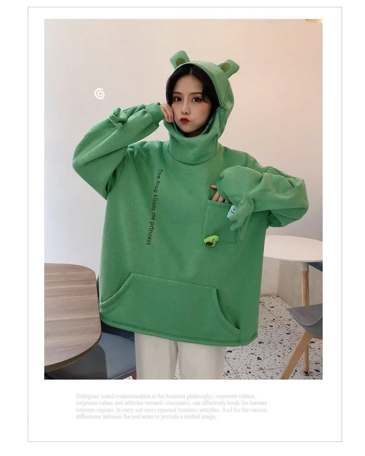 S-3XL Frog Zipper Hoodie Fleece Lined Springtime Embroidery oversized Sweatshirt Harajuku Warm Pullover Korean Style Dropship