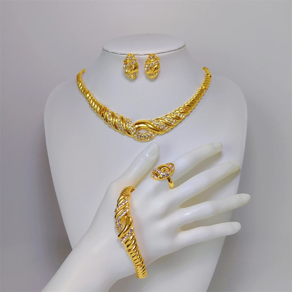 ESALE Fashion Italian Gold Plated Ladies Necklace Dubai Jewelry Set Woman Ring Bracelet Earrings African Wedding Jewelry TZ007