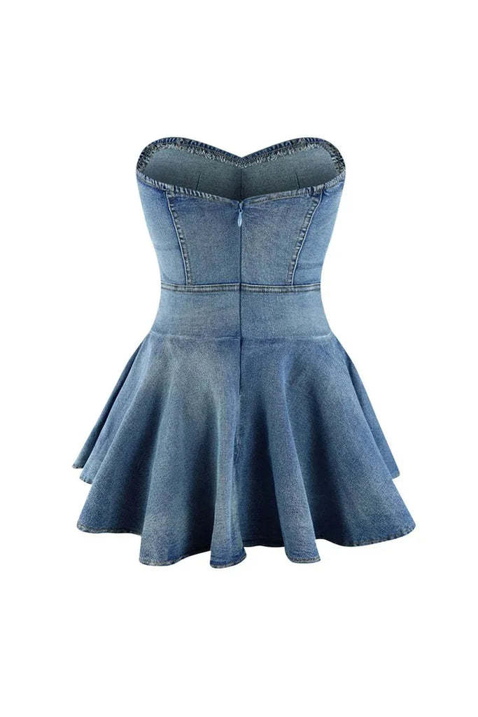 Lovely Lady Denim Club Dress Sexy Women Strapless Elegant Blue Jeans Skater Party Dress