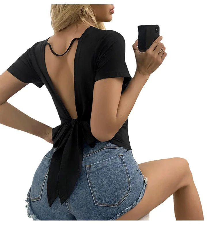 Sexy Backless Back Hollow Out Lace -up T Shirt Women Short Sleeves Bottoming Shirt Ladies Tee Shirt Tops Camisetas Mujer