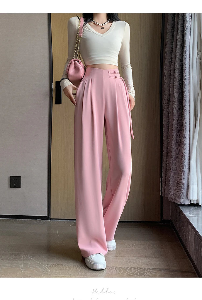 High Waist Buttons Suit Wide Leg Women's Full Pants 2024 New Spring Summer Female Elegant Minimalism Straight Loose Trousers