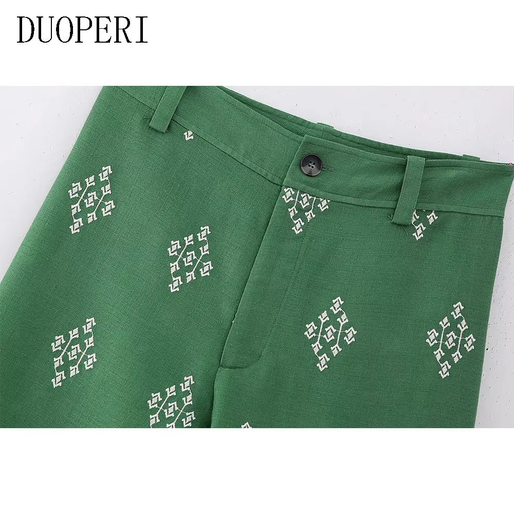 DUOPERI Women Fashion Linen Embroidery Straight Pant High Waist Full Length Female Chic Lady Casual Vintage Long Flax Trousers