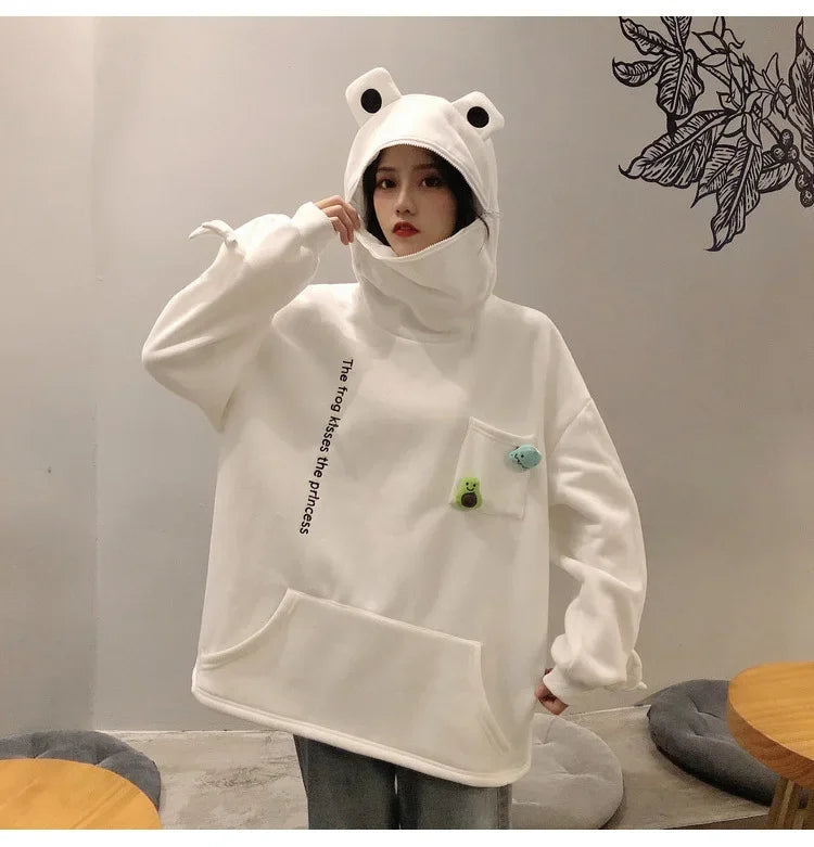 S-3XL Frog Zipper Hoodie Fleece Lined Springtime Embroidery oversized Sweatshirt Harajuku Warm Pullover Korean Style Dropship