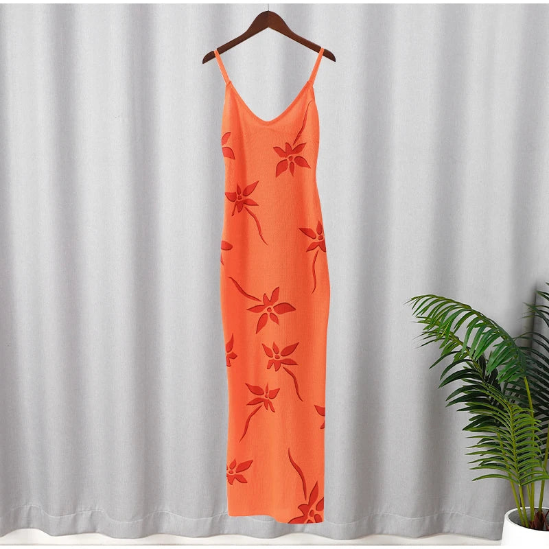 Women Sexy Knitted Print Sling Maxi Dress Fashion V-neck Backless Off Shoulder Slim Long Robes Summer Elegant Lady Club Dresses