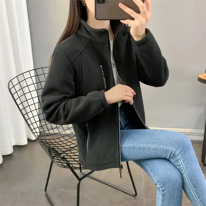 Winter Women Sweatshirt Coat Casual Loose Zip Up Cardigan Long Sleeve Sweatershirt Reversible Polar Fleece Stand Collar Coat