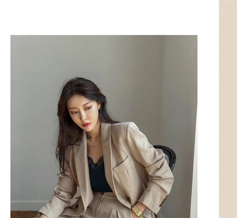 Flax Suit Women's Spring Summer 2023 New Casual Thin Cotton  Linen Small Blazers+shorts Two-piece Sets Comfortable Khaki Suits