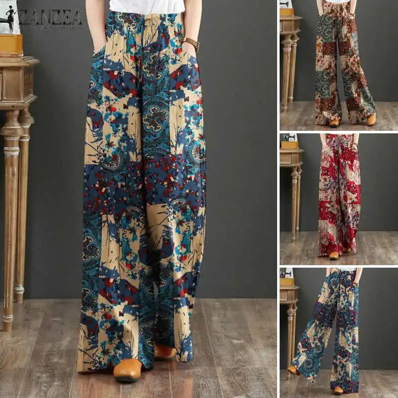 Bohemian Vintage Long Pants ZANZEA Women Wide Leg Trousers Summer High Waist Printed Pantalon Female Elegant Work Palazzo Capris