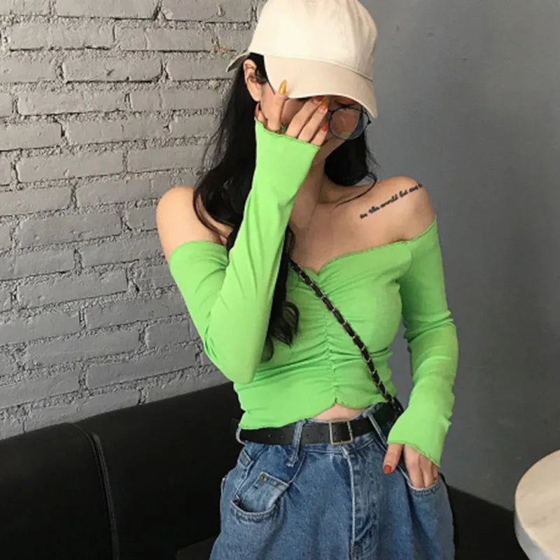 Autumn Sexy Off Shoulder T Shirt Women Fashion Casual Solid Color Tshirt   Trendy Slim Crop Tops New Long Sleeve Tops